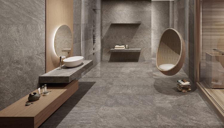 Oros Stone | Emilceramica Gres Porcellanato Ergon Oros Stone Pietra Bagno Anthracite Fondo,anthracite Splitstone Immagine Gallery | Emilceramica